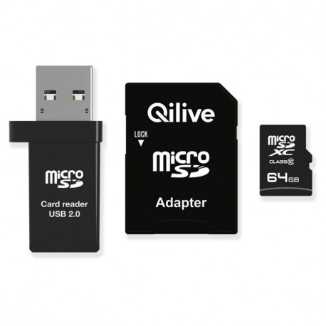 Qilive Carte mémoire Micro SD 64 Go C10 + USB Read + Adaptateur