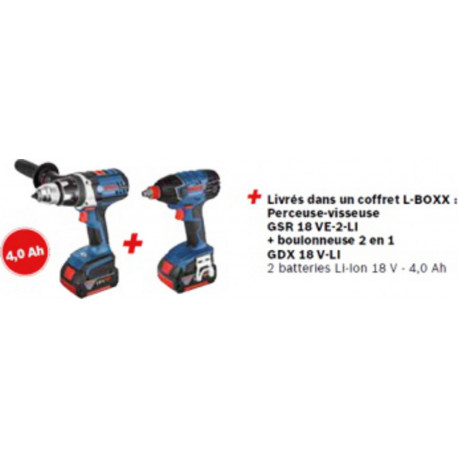 KIT 2 OUTILS 18 V L-BOXX GSR 18 VE-2-LI + GDX 18 V-LI Coffret L-BOXX, 2 batteries Li-Ion 18V 4,0Ah Bosch Pro 0615990GF7