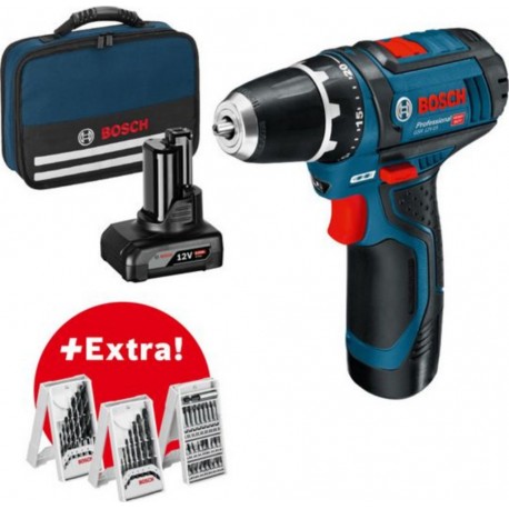 Bosch Perceuse-visseuse sans fil GSR 12V-15 avec 1x2,0 Ah 1x4,0 Ah, kit d'accessoires dans une mallette 0615990G6L