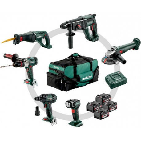 Metabo Kit d'outils sans fil Combo pour l'artisanat du bâtiment 6.1SB 18 LTX + KH 18 LTX 24 + W 18 L 9-125 Quick + ASE 18 LTX + 