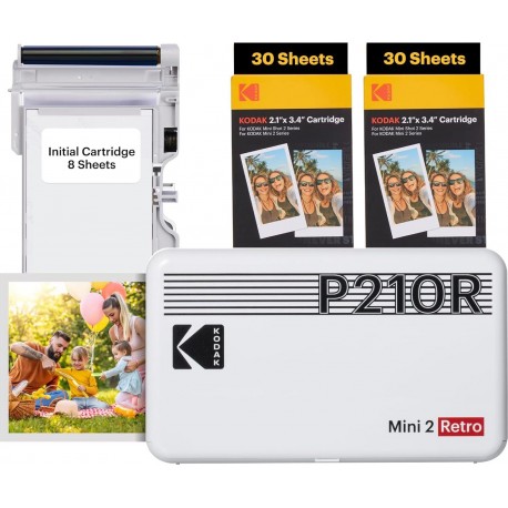 Imprimante photo portable KODAK Mini 2 Retro 4PASS (5,3x8,6cm) + paquet de 68 feuilles, blanc
