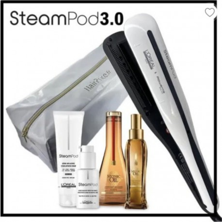 L'oréal pro steampod 3.0 lisseur + crème epais 150 ml + sérum 50 ml + huile mythic oil 100ml + shampoing mythic oil 250ml + trou