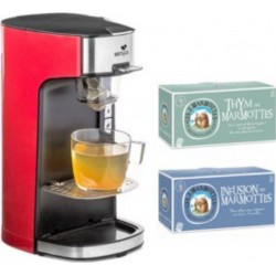 Senya Machine à thé Tea Time, Théière électrique Rouge et lot de 2 boîtes d’infusion Les 2 Marmottes